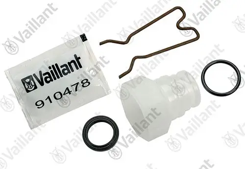 Vaillant Anschlussstück bestehend aus einem weißen Kunststoffteil, zwei O-Ringen und einem Drahtclip, verpackt in einem transparenten Beutel.